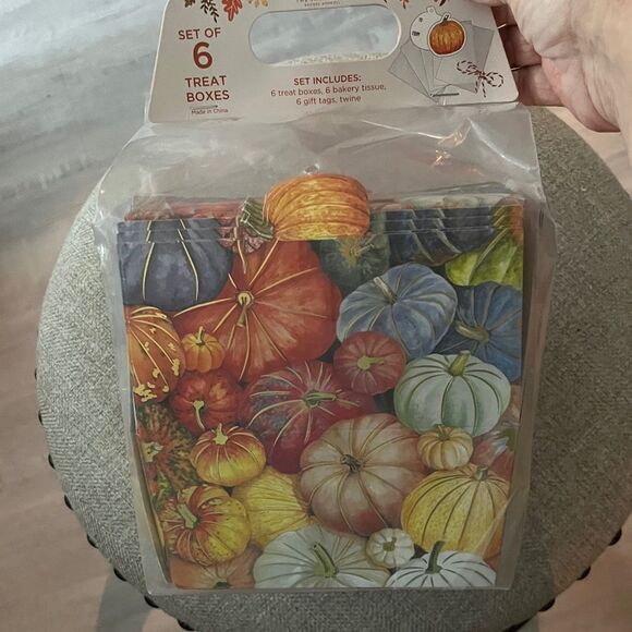 The Farmhouse Multi w Gold Pumpkins  Set of 6 Treat Boxes,Tissue ,Tags & Twine - Picture 1 of 5